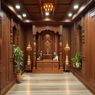 Spacious Wooden-Themed Mandir Design With Storage Units